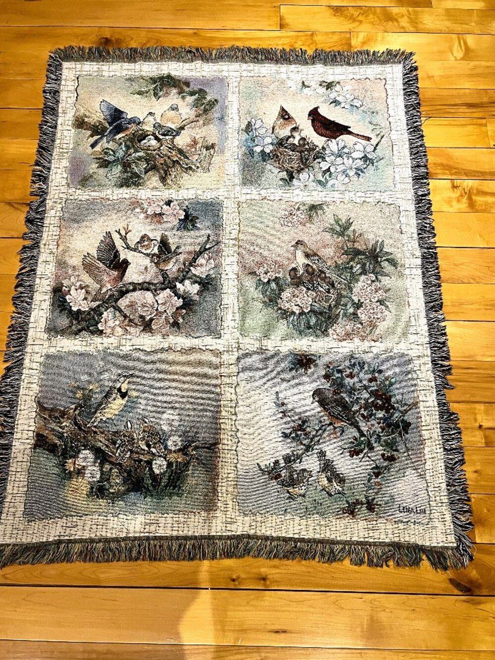 BIRD SONG WOVEN TAPESTRY Throw vintage hanging soft muted colours by Lena Liu